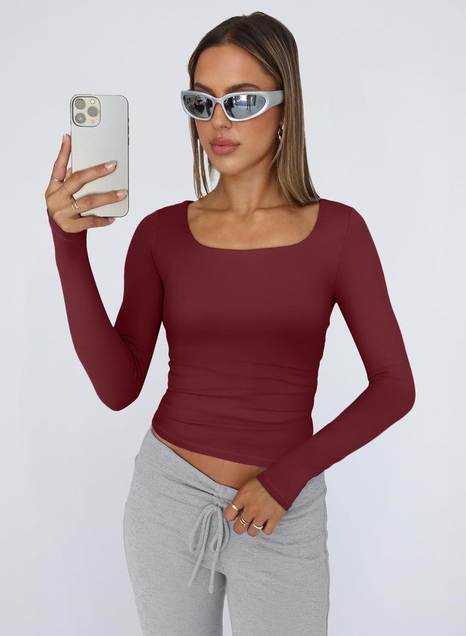 Trendy Queen Womens Long Sleeve Shirts Crop Scoop Neck Tops Fall Fashion Solid Going Out Basics Tees Y2k Clothes 2026 Burgundy S - Image 2